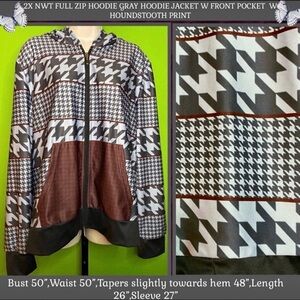 LILY BY FIRMIANA 2X NWT INDIE GOTH FULL ZIP GRAY HOODIE JACKET HOUNDSTOOTH PRINT